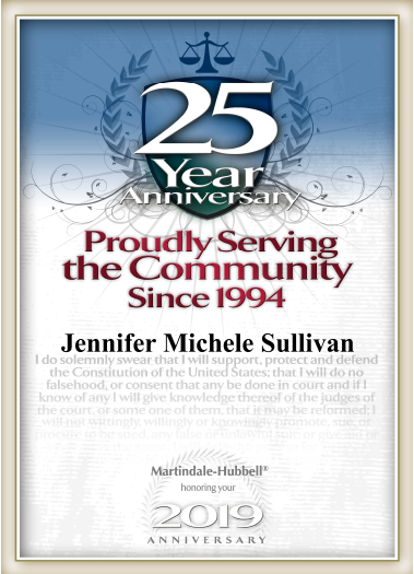 25 Year Anniversary of Jennifer Michele Sullivan Proudly Serving the Community since 1994 | Martindale-Hubbell Honoring Her 2019 Anniversary